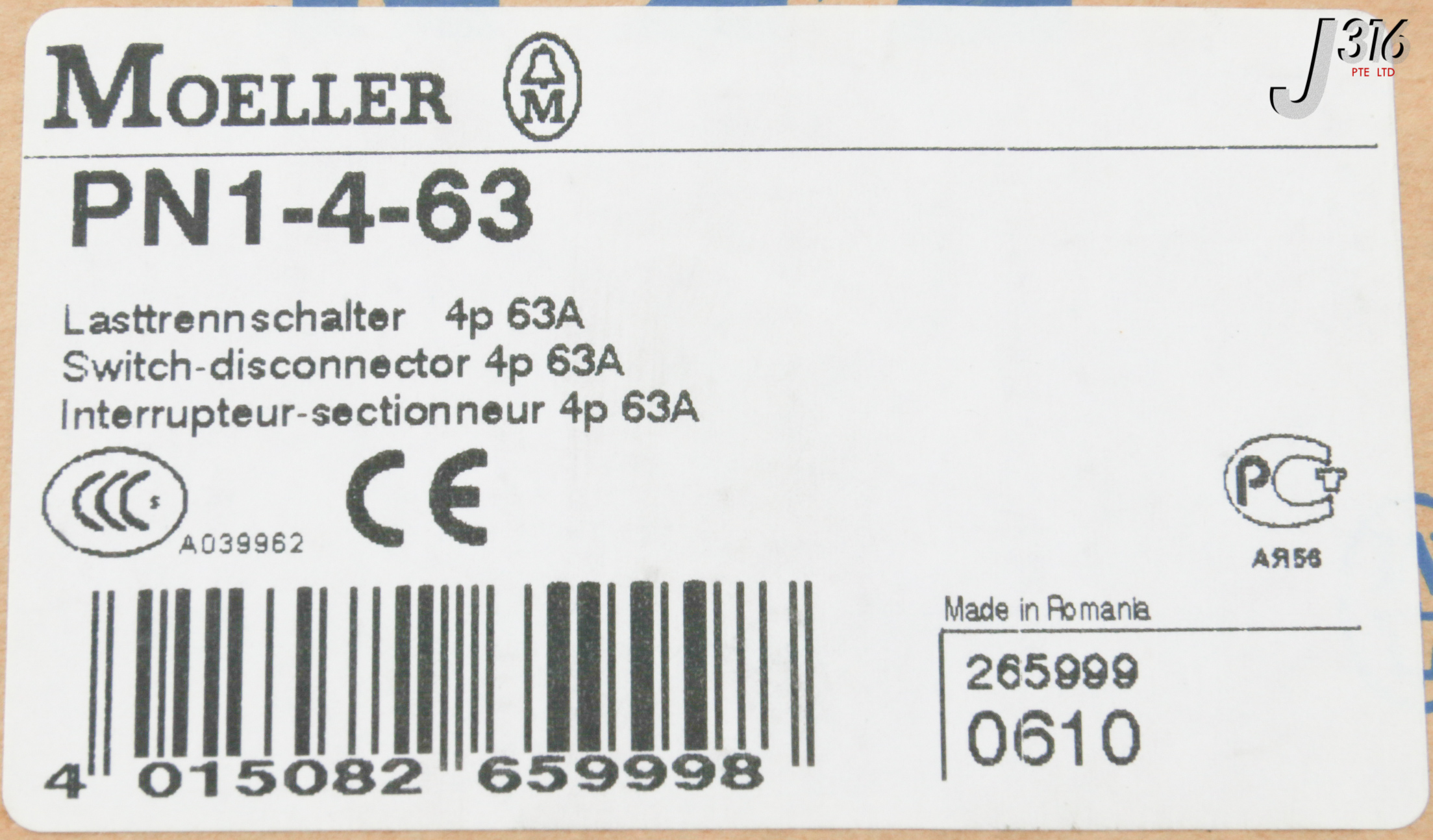 31591 EATON MOELLER 4-POLE SWITCH-DISCONNECTOR, 63A (NEW) PN 1-4
